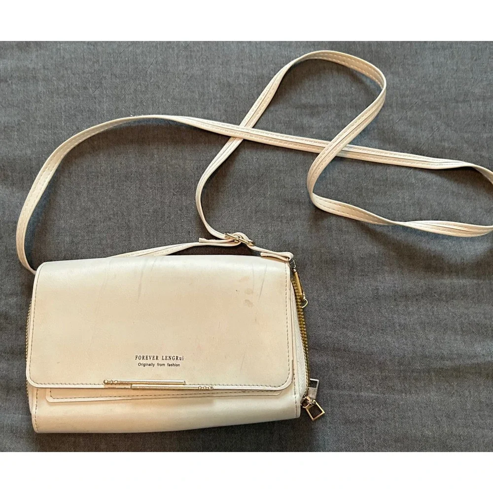 Forever LengRui Cream White Crossbody Wallet Bag Rhinestone Accents Organizer